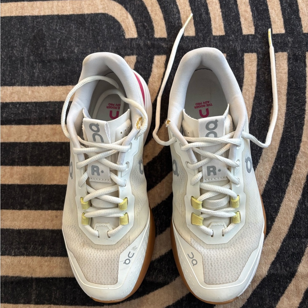 On Running Women's White Athletic Sneakers with Gum Sole and Yellow Accents